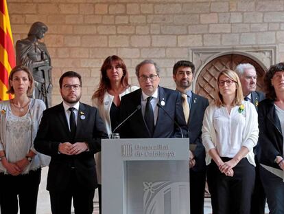 El presidente de la Generalitat, Quim Torra, durante la declaración institucional este viernes en Barcelona.