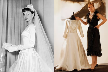 Audrey en 1952, en el taller de las Fontana probándose el vestido. A la izda., la subasta del modelo, que posteriormente fue modificado, en 2009.