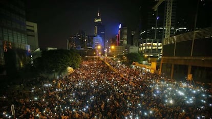 Manifestantes en el distrito financiero central de Hong Kong.