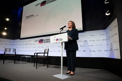 Pepa Bueno, directora del diario EL PAÍS, durante su participación en el foro, en Nueva York, el 24 de septiembre de 2024. 