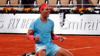 FILE - Spain's Rafael Nadal celebrates winning the final match of the French Open tennis tournament against Serbia's Novak Djokovic in three sets, 6-0, 6-2, 7-5, at the Roland Garros stadium in Paris, France, Sunday, Oct. 11, 2020. (AP Photo/Michel Euler, File)