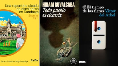 Combo de portadas: 'Una repentina oleada de asesinatos en Camboya', de Shamini Flint; 'Todo pueblo es cicatriz', de Hiram Ruvalcaba, y 'El tiempo de las fieras', de Víctor del Árbol.