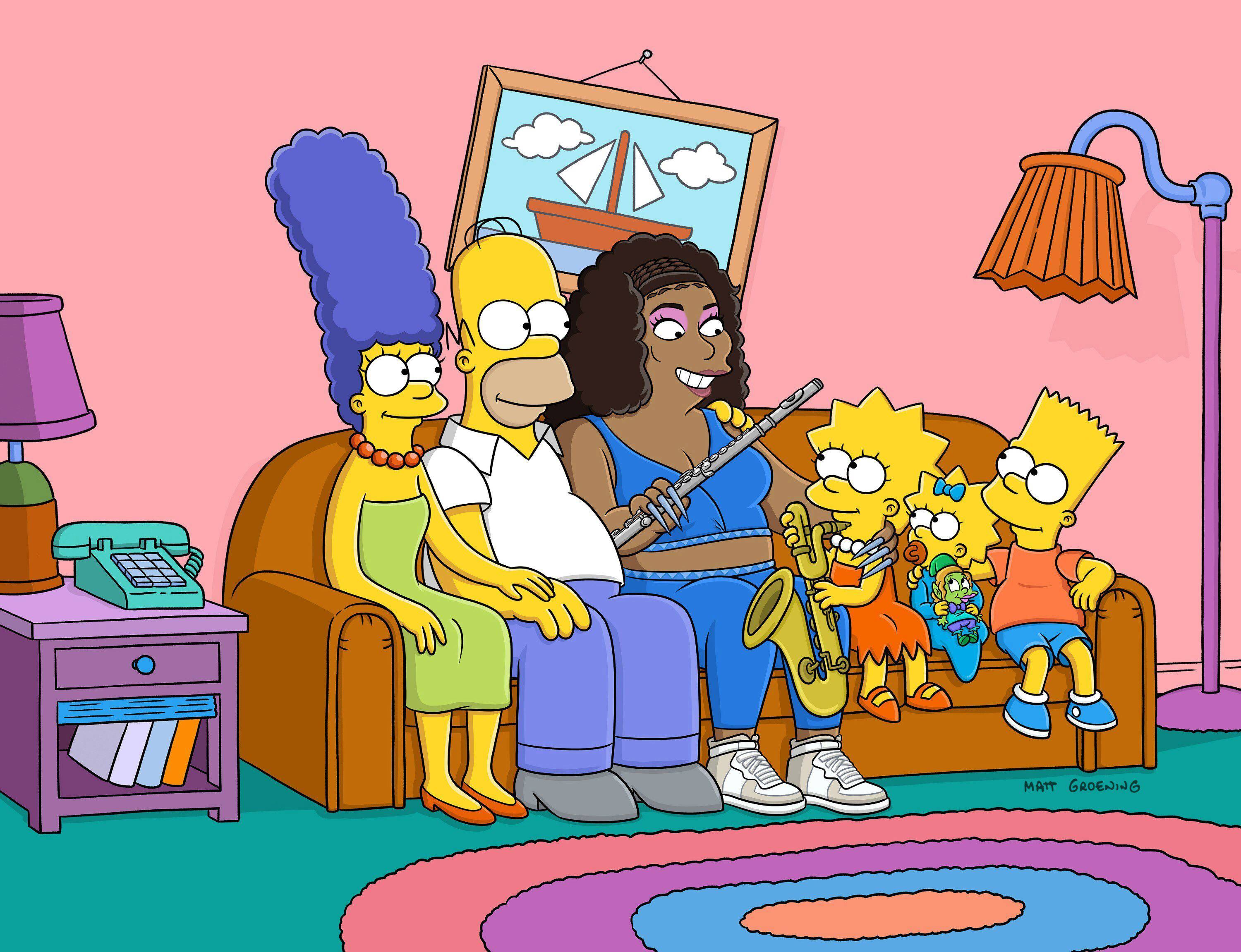 La familia sentada al sofá con la cantante Lizzo. Uno de los aspectos más importantes de los más recientes capítulos de 'Los Simpson' es la mayor inclusión de diversidad racial, por ejemplo con la exploración del barrio negro de la ficticia ciudad de Springfield.