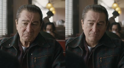 A la izquierda, la actuación original de Robert de Niro en 'El irlandés'. A la derecha, el proceso de rejuvenecimiento con IA que se ve en la película.