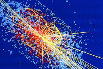 A computer simulation of a proton collision that generates a Higgs boson at the CERN Large Hadron Collider near Geneva.