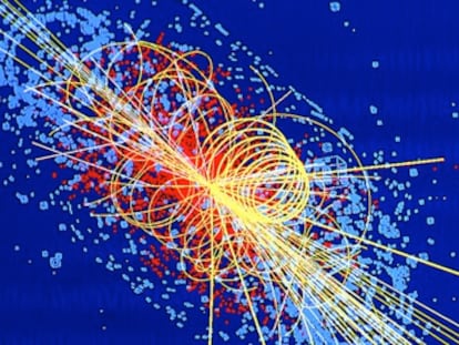 Simulación por ordenador de una colisión de protones en el detector CMS en la que se genera el bosón de Higgs en el acelerador LHC.