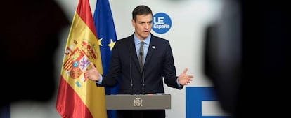 El presidente del Gobierno español, Pedro Sánchez, durante su comparecencia ante los periodistas tras la reunión del Consejo Europeo.