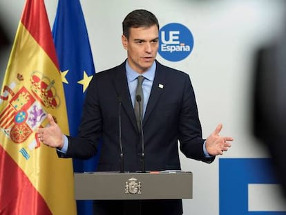 El presidente del Gobierno español, Pedro Sánchez, durante su comparecencia ante los periodistas tras la reunión del Consejo Europeo.