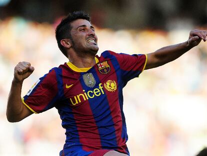 Villa celebra su gol al Racing en la primera jornada de Liga.