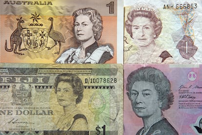 Retratos de Isabel II en diferentes billetes de uno y cinco dólares.
