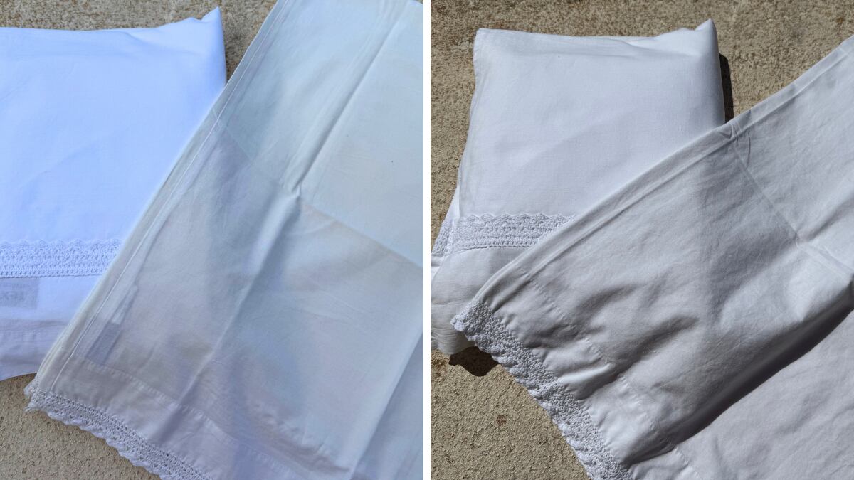 Antes y después de una funda de almohada amarillenta.