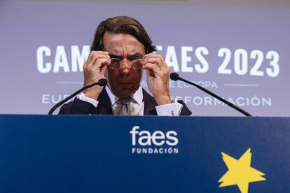 José María Aznar, durante la inauguración del Campus FAES este martes en Madrid.