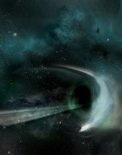 Ilustración de la destrucción de una estrella al pasar junto a un agujero negro.