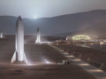 Así imagina SpaceX que será la colonización de Marte con sus naves interplanetarias.