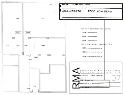 Plano de una segregación y reforma de una nave industrial donde se construyeron tres lofts de forma ilegal. Lleva la firma como arquitecta de Rocío Monasterio, en 2003, cuando todavía no tenía el título.