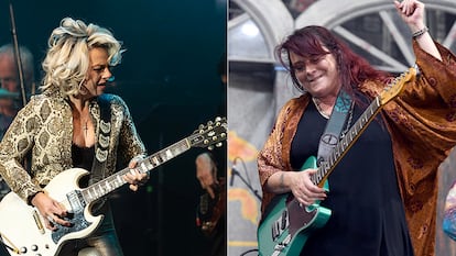 A la izquierda, Samantha Fish durante un concierto en Charlotte (Carolina del Norte), y, a la derecha, Carolyn Wonderland en Nueva Orleans, ambas en abril de 2025.