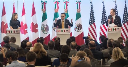 Freeland, Guajardo y Lighthizer, al término de la última ronda negociadora, en México.