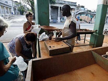 Mujeres cubanas tratan de comprar en un mercado desabastecido en el barrio de Playa ayer en La Habana.