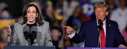 Kamala Harris, en Míchigan, y Donald Trump, en Georgia, en sendos mítines el domingo.