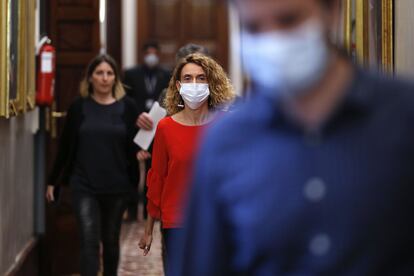 La presidenta del Congreso, Meritxell Batet, este martes al salir de la Junta de Portavoces.