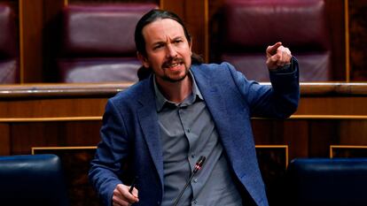 El vicepresidente segundo del Gobierno, Pablo Iglesias, durante la sesión plenaria del Congreso de los Diputados el 20 de mayo.