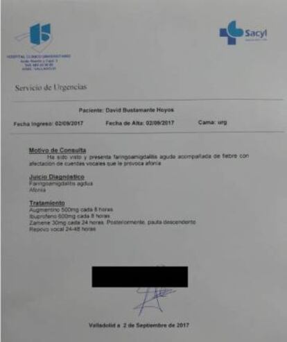 El informe médico que Bustamante presentó para suspender el concierto en Laguna de Duero.