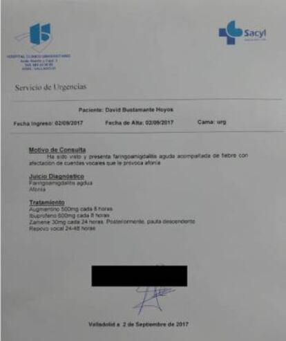 El informe m&eacute;dico que Bustamante present&oacute; para suspender el concierto en Laguna de Duero.