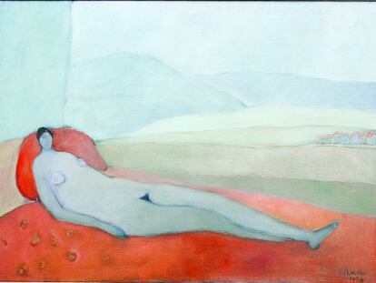 &#039;Desnudo reclinado con vista de monta&ntilde;a&#039; (1970), &oacute;leo de Joy Laville. 