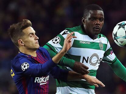 Denis Suárez disputa el balón con Carvalho.