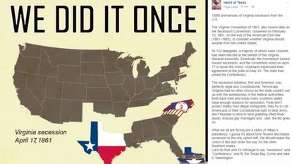Uno de los mensajes de pro-independencia difundidos por &quot;Heart of Texas&quot;, una p&aacute;gina controlada por &#039;trolls&#039; rusos.