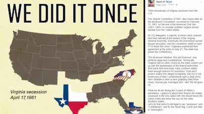 Uno de los mensajes de pro-independencia difundidos por "Heart of Texas", una página controlada por 'trolls' rusos.