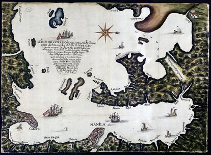 Bahía de Manila y ensenada de Subig, con la ciudad de Manila y su puerto de Cavite. Es de 1715.