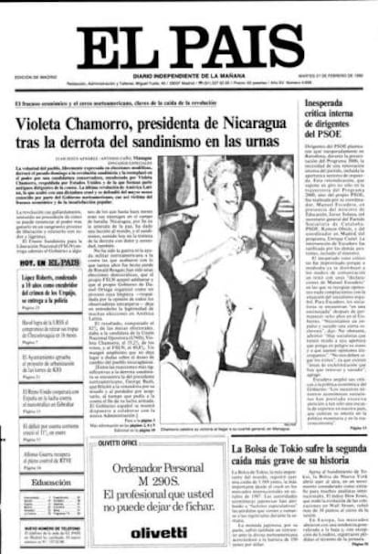 EL PAÍS ran Violeta Chamorro's victory as its lead story on February 27, 1990.