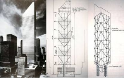 Boceto de la estructura diseñado por el ingeniero William LeMessurier. Los nervios diagonales de las fachadas dirigen la carga sobre los cuatro soportes que se sitúan en el centro de las caras del edificio, en lugar de en las esquinas.