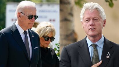 Joe Biden (izq.) y Bill Clinton (der.) en homenajes tras los tiroteos escolares de Uvalde y Columbine, respectivamente.