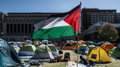 Una bandera palestina ondea en el campamento de estudiantes de la Universidad de Columbia, este 25 de abril.