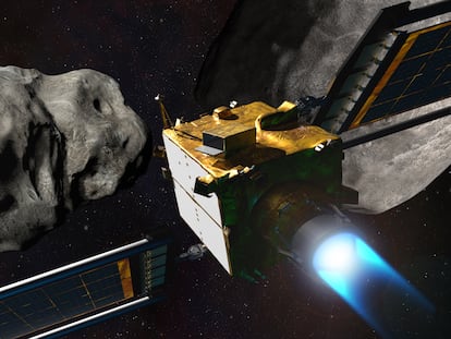 Ilustración de la sonda DART aproximándose al asteroide que golpeará. 