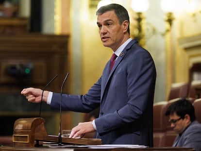 El presidente del Gobierno, Pedro Sánchez, interviene durante una sesión plenaria en el Congreso de los Diputados.