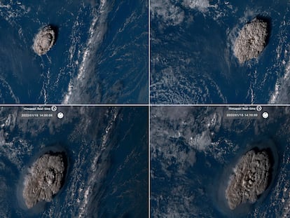 Secuencia de la erupción del volcán submarino de Tonga.