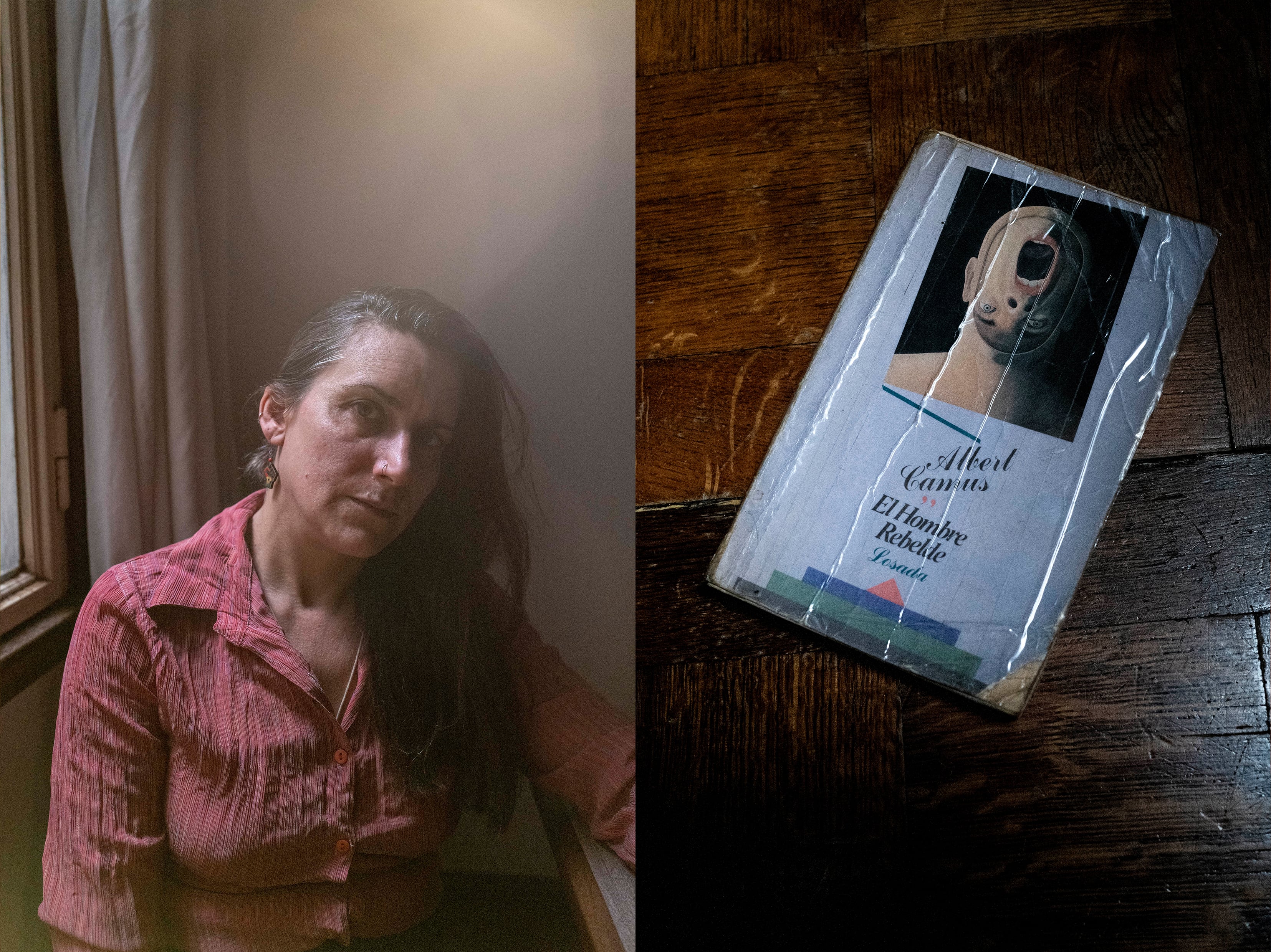 Erika Lederer, hija de Ricardo Lederer, obstetra con grado de capitán, segundo jefe de la maternidad clandestina en Campo de Mayo. Vista de un libro de Albert Camus.