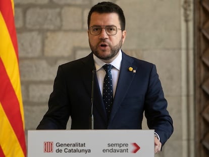 Comparecencia del presidente Pere Aragonès en el Palau de la Generalitat, este lunes, para anunciar cambios en su gabinete.
