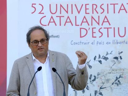 El presidente catalán, Quim Torra, su discurso en la clausura de la 52 edición de la Universitat Catalana d'Estiu este domingo. En vídeo, Torra anuncia restricciones por el aumento de contagios.