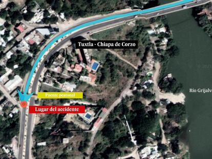 Mapa del lugar del accidente donde volcó un camión en Chiapas (México) la tarde de este jueves.