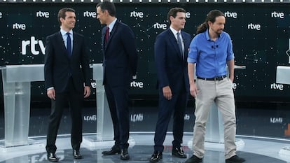 Debate en TVE con la participación de Pablo Casado, Pedro Sánchez, Albert Rivera y Pablo Iglesias, en 2019.