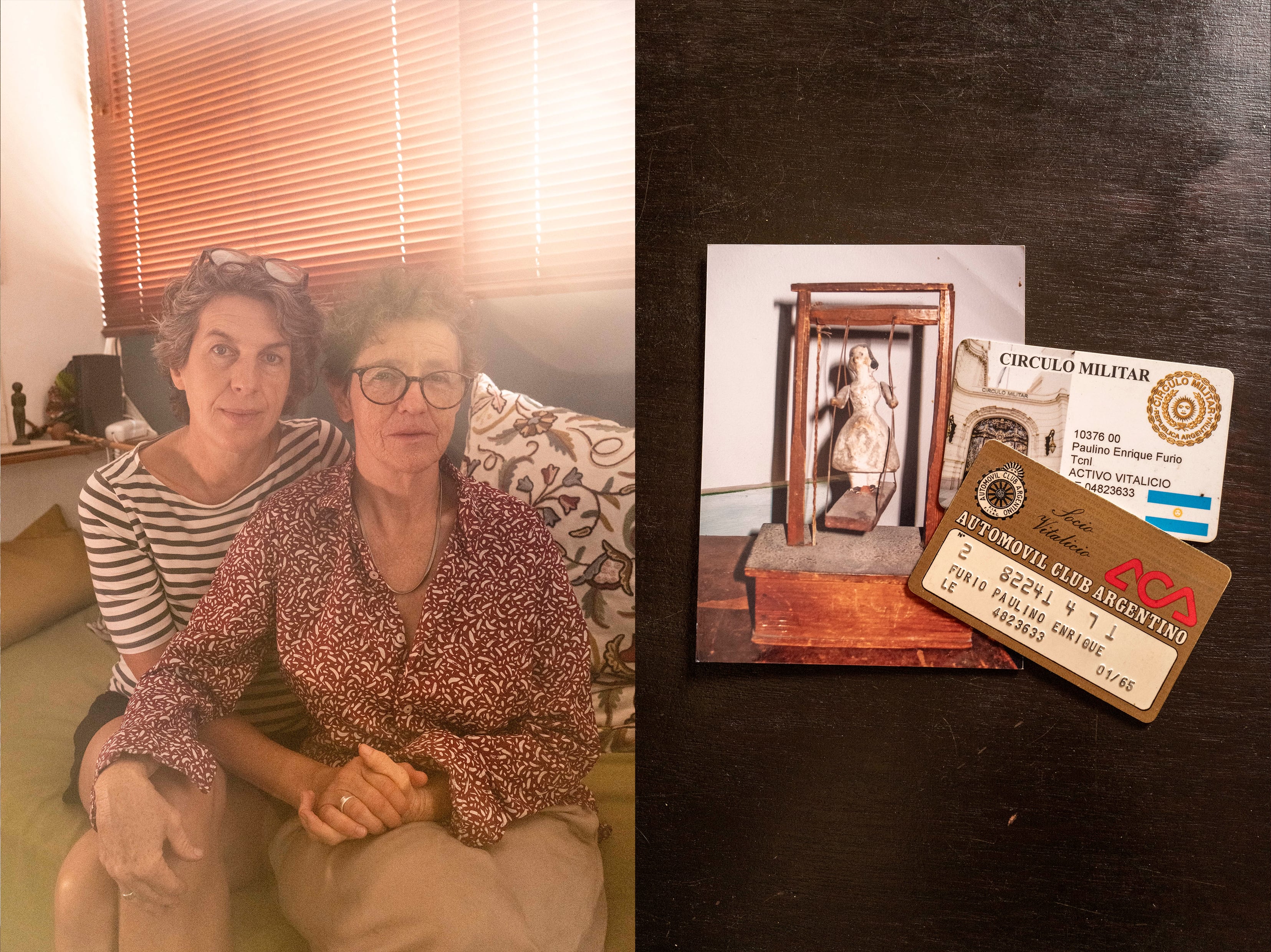 Lilian Furió, hija de Paulino Furió, represor condenado a prisión perpetua por desaparición y su compañera Julie, hija de un médico del ejército. Credenciales de su padre del ACA y del Círculo Militar y una muñeca traída por el padre de Julie al volver de Siberia. 