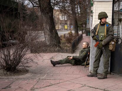 A Ukrainian soldier injured in crossfire in the city of Kyiv, Ukraine.