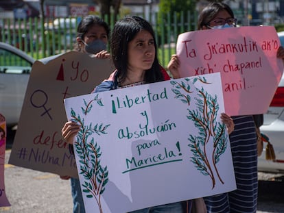 Colectivos feministas exigen la liberación de Maricela López en San Cristóbal de las Casas, Chiapas, el 15 de agosto.