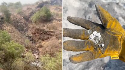 A la izquierda, la cañada donde se encontró el crematorio clandestino. A la derecha, las cenizas halladas en el sitio.