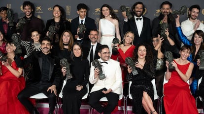 Fotografía de familia de los galardonados en la ceremonia de entrega de la 38 edición de los Premios Goya celebrada este sábado en Valladolid.
