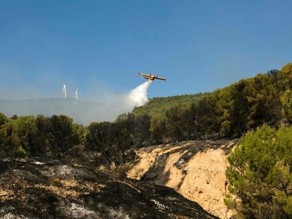 Cuatro hidroaviones de la UME cargan agua para sofocar las llamas que han arrasado la localidad de Añón de Moncayo (Zaragoza). 